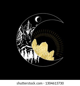 Boho illustration with double exposure moon and crystals at vintage and gypsy style. Astrology and alchemy vibes. Can be used for textile, phone case, flash tattoo