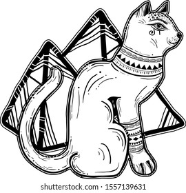 Boho illustration of egyptian goddess Bastet. Tattoo art style. Can be used for stickers, posters, logo.