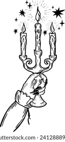 Boho illustration with hand holding a candles in candlestick. Tattoo art style. . Vintage engraving sketch. Doodle outline. Hand drawing.