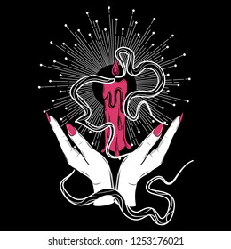 Boho illustration with hands and candle. Tattoo art style.