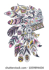 Boho illustration with headdress from feathers, tribal vector background. Ideal for T-shirt prints