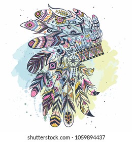 Boho illustration with headdress from feathers, tribal vector background. Ideal for T-shirt prints