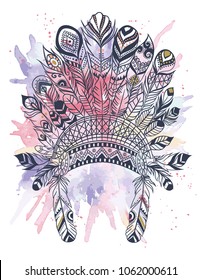 Boho illustration with headdress from feathers, tribal vector background. Ideal for T-shirt prints