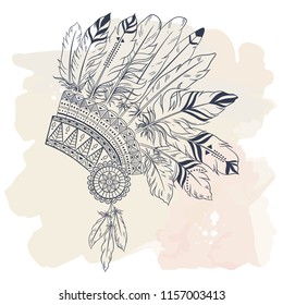 Boho illustration with headdress from feathers, tribal vector background. Ideal for T-shirt prints