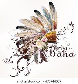 Boho illustration with headdress from feathers tribal vector background. Ideal for T-shirt prints