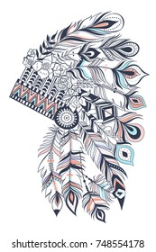 Boho illustration with headdress from feathers, tribal vector background. Ideal for T-shirt prints