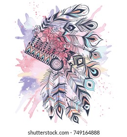 Boho illustration with headdress from feathers, tribal vector background. Ideal for T-shirt prints