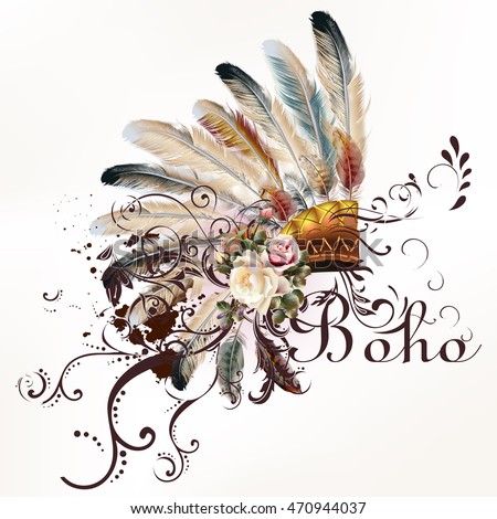 Boho illustration with headdress from feathers tribal vector background. Ideal for T-shirt prints 商業照片 © 