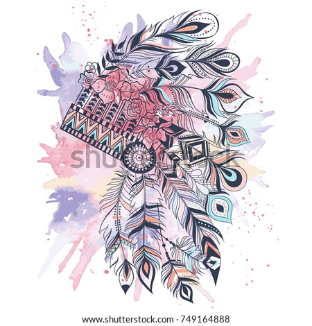 Boho illustration with headdress from feathers, tribal vector background. Ideal for T-shirt prints
