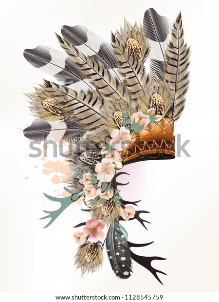 Boho illustration with headdress from\
feathers tribal vector. Ideal for T-shirt\
prints