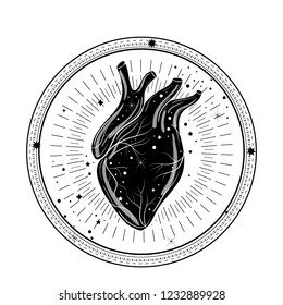 Boho illustration with heart. Tattoo art style. Decorative drawing in flash tattoo style.