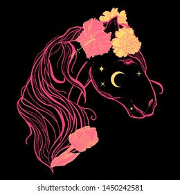 Boho illustration of horse with flowers. Mystic flash tattoo.