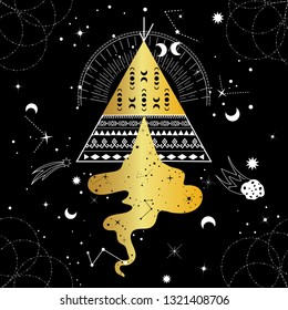 Boho illustration of indian teepee or wigwam. Tribal icon of camping, adventure vibes.