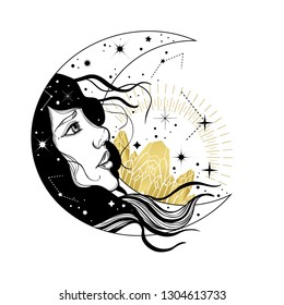 Boho illustration with moon face and crystals at vintage and gypsy style.Astrology and alchemy vibes. Can be used for textile, phone case, flash tattoo