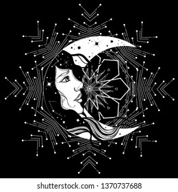 Boho illustration with moon face at gypsy style.Astrology and alchemy vibes.