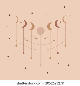 Boho illustration moon phases mid century style 