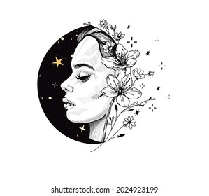Boho illustration with moon.Astrology vibes. Can be used for textile, phone case, flash tattoo. Vector illustration.