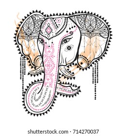 Boho Illustration With Ornamental Elephant At Watercolor Background. Ethnic Vintage Style