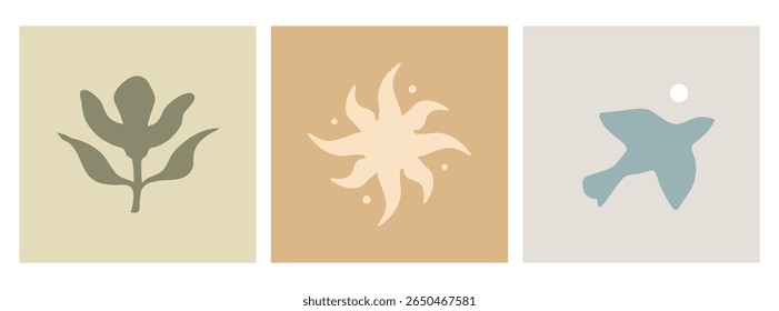 Ilustração de Boho conjunto com símbolos naturais minimalistas. Boêmio mão desenhado elementos de design para web, histórias cobre, impressão, posts e logotipo. Ícones de vetor em planos de fundo pastel.