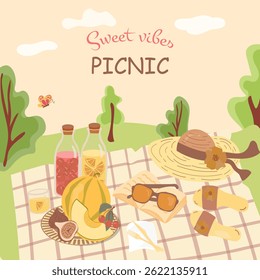 Boho illustration of summer picnic in nature on background. Flat hand drawn design with fruits, juice and summer accessories. For branding, packaging, cards, lifestyle blogs. Vector illustration