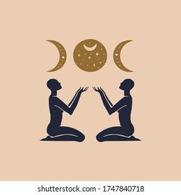 Boho illustration in vector. Moon magic symbol. Woman silhouette