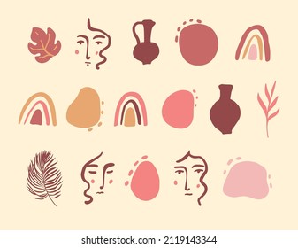 Boho illustration vector set: rainbows, leaves, women faces, vessels, abstract shapes