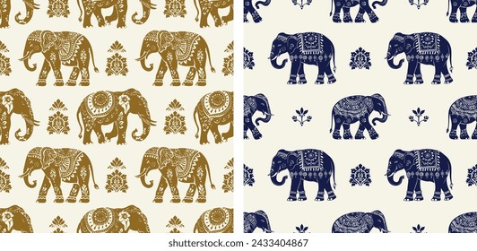 Boho Indian elephant vintage animal cute seamless pattern vector illustration set of 2 