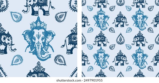 Boho Indian elephant vintage animal cute Blue seamless pattern vector illustration