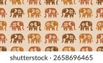 Boho Indian Elephants Seamless Pattern - Hand Drawn Tribal Style Animal Vector in Earth Tones