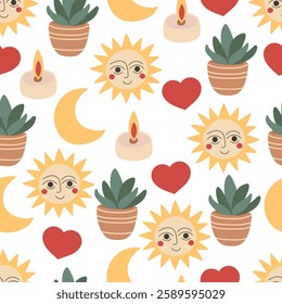 Boho inspired pattern with sun, moon, plant and candle.  Flat illustration, vector design. 
