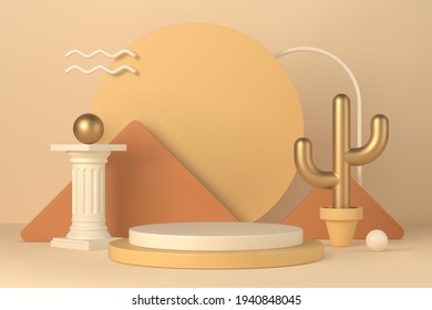 Boho interior minimal scene with podium and geometric forms 3d vector illustration. Stage pedestal with column and golden cactus on background for cosmetic product and mock up presentation.