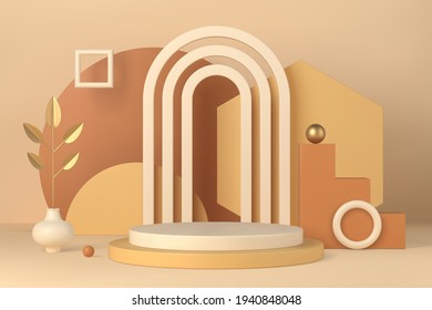 Escena mínima en el interior de Boho con ilustración vectorial 3d de forma podium y geométrica. Escenario con arco y hojas de palma doradas en jarrón sobre el fondo para productos cosméticos y simulación de presentación.