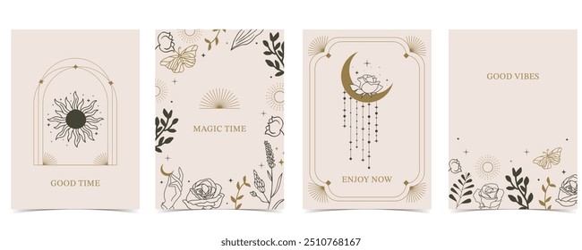 Boho convite cartão com estilo tarot e deco quadro. Místico para design vertical a4