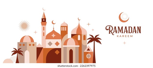 Boho Islamic Ramadan Kareem banner, poster design. Mosque, moon, dome and lanterns. Minimalistic illustrations - Shutterstock ID 2262397975