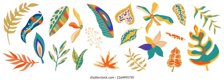 Boho jungle floral set isolated for textile design. Aesthetic jungle in beige, blue and orange color. Modern exotic design collection. Boho botanical summer motif