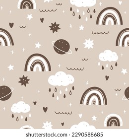 Boho kids seamless pattern in simple hand drawn Scandinavian style. Cute simple elements of rainbows with rain, planets and stars in an earthy gender neutral palette. Vector nursery illustration