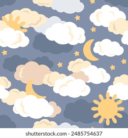 Boho kids seamless pattern in simple hand drawn flat style. Cute elements of clouds, moon, stars, and sun. Nursery vector illustration in pastel colours.