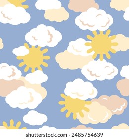 Patrón sin fisuras de los niños boho en estilo plano dibujado a mano simple. Lindos Elementos de nubes y sol. Ilustración vectorial infantil en colores pastel.