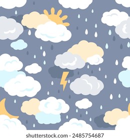 Boho kids seamless pattern in simple hand drawn flat style. Cute elements of clouds with rain drops, sun and moon on a dark background. Nursery vector illustration.