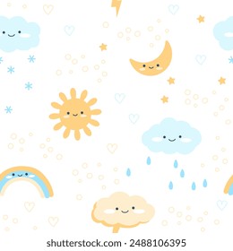 Boho kids seamless pattern in simple hand drawn flat style. Cute elements of clouds with rain drops, sun and moon on a white background. Nursery vector illustration.