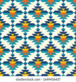 Boho kilim diamonds rounded elements in blue, orange, yellow, teal seamless pattern