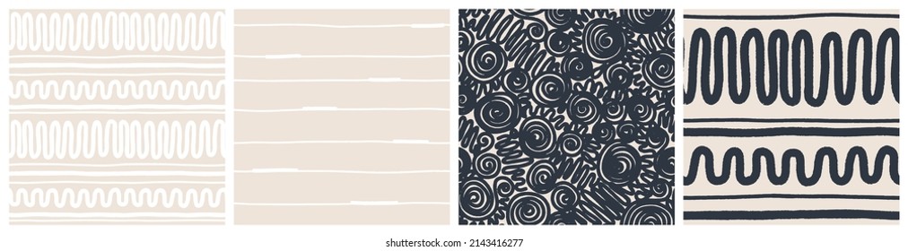 Boho lace seamless pattern set for textile print with zig zag, waves and swirls. Fashionable vector design in black, sand beige and white colors.