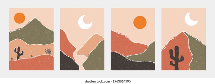 Boho landscape art backgrounds. Sun, moon, mountain scapes, aesthetic nature set in pastel colors. Vector illustration