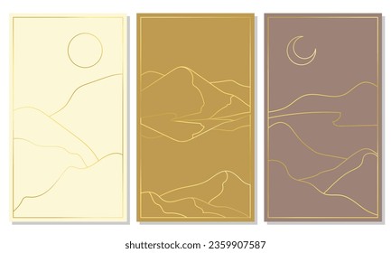 Boho landscape frame. Fashionable linear bohemian landscapes of mountains, moon, sun. Minimal vector line set