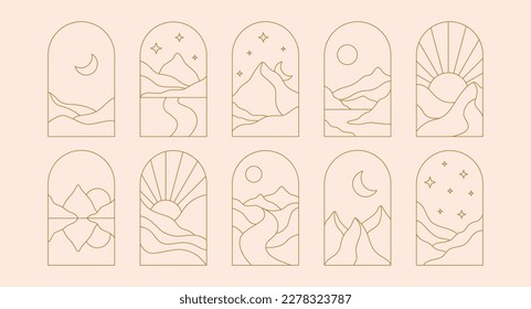 Boho landscape frame. Trendy linear bohemian windows desert mountain moon sun for logo icon tattoo. Minimal vector line set