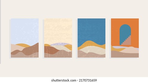 boho landscape with hills ,plants, door, stairways 