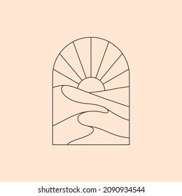 Logo del Boho Landscape en estilo de línea minimalista a la moda. Etiqueta vectorial bohemia con desierto, sol y dunas para promoción de marca, invitación, publicaciones en medios sociales e historias