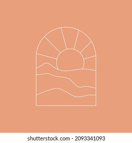 Boho Landscape Logo in Trendy Minimal Liner Style. Vector Bohemian Badge with Mountains and Sunrise for Branding, Invitation, Social Media Posts and Stories