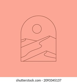 Boho Landscape Logo in Trendy Minimal Liner Style. Vector Bohemian Badge with Mountains and Sun for Branding, Invitation, Social Media Posts and Stories