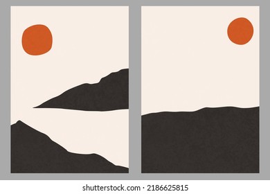boho landscape. Minimal scene in the mountains day. Modern Art. Black and white landscape. Abstract hills. Aesthetic mountains. Stock vector illustration 